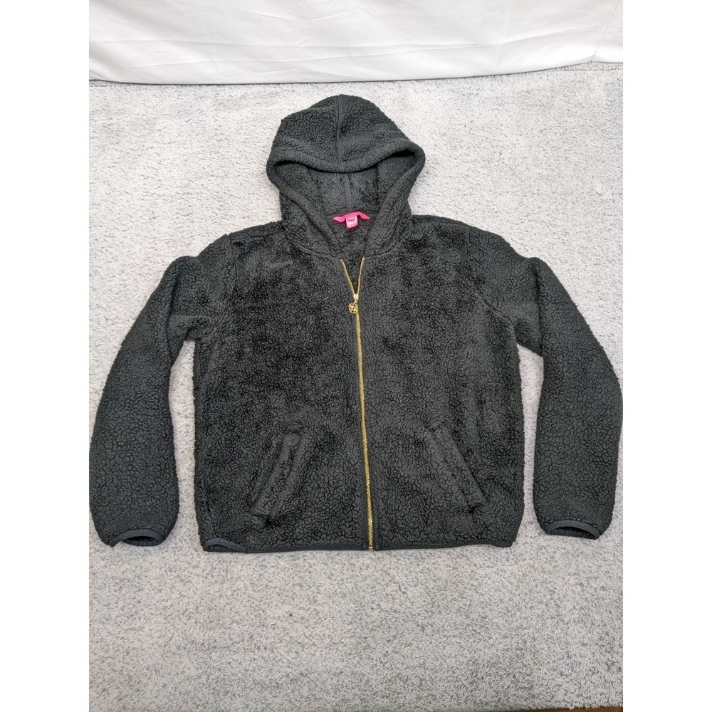 Lilly Pulitzer Sherpa Jacket Womens XS Black Deep Pile Fleece‎ Zip Hoodie Teddy